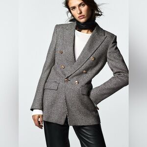 Zara Double Breasted Tailored Houndstooth Blazer